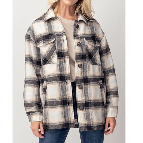 Sherpa Lined Plaid Flannel Shirt Jacket Shacket - Picture 4 of 9
